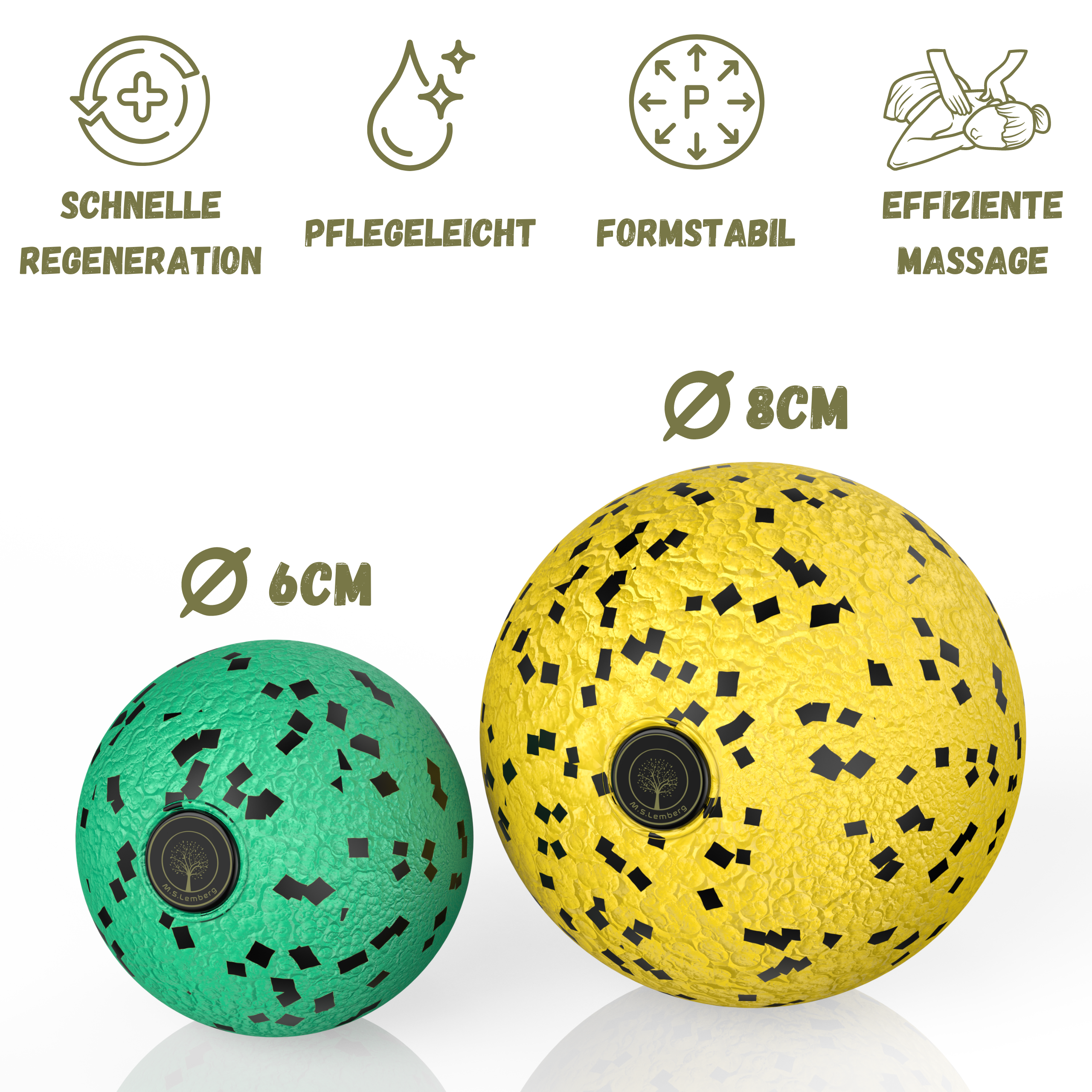 Grüner Faszienball mit einem Durchmesser von 6 cm und gelber Faszienball mit einem Durchmesser von 8 cm, hergestellt aus umweltfreundlichem EPP-Material, formstabil, einfach zu reinigen, fördert schnelle Regeneration, tiefenwirksame Massage.