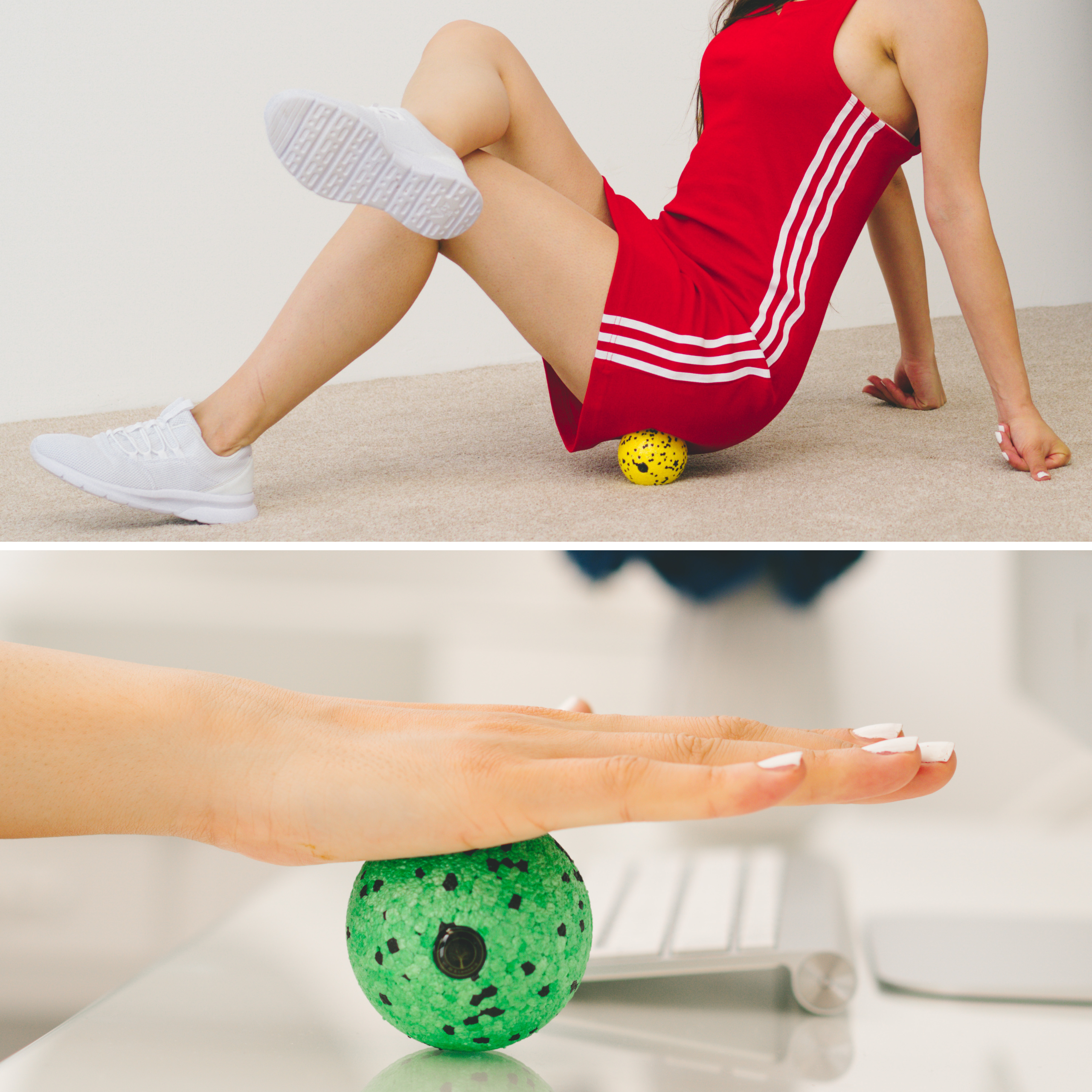 Oberes Bild: Frau benutzt einen gelben Faszienball für eine Rückenmassage. Unteres Bild: Hand drückt auf grünen Faszienball für Handmassage.