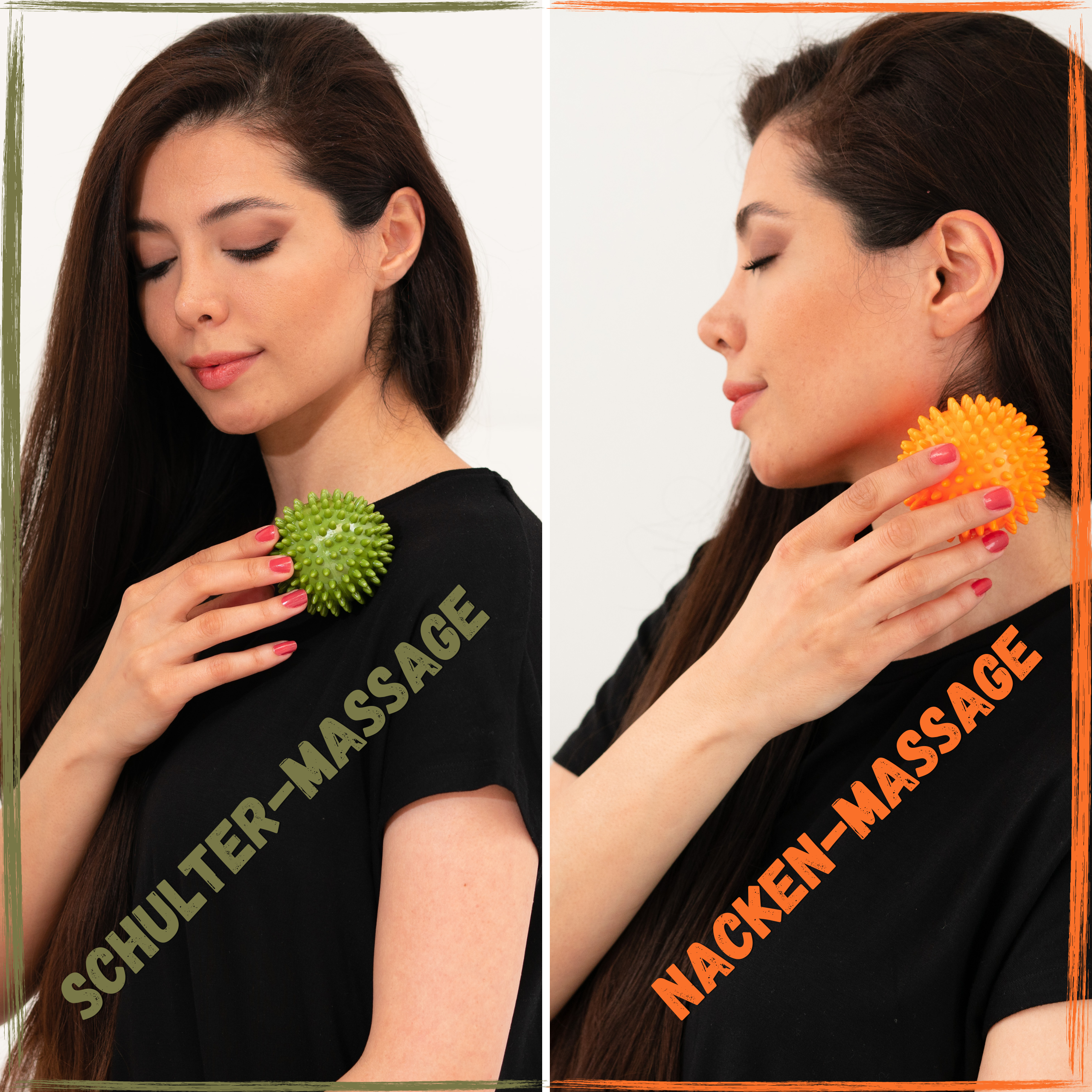 Oberes Bild: Frau verwendet grünen Igelball / Massageball für Schulter-Massage. Unteres Bild: Frau verwendet orangefarbenen Igelball / Massageball für Nacken-Massage.