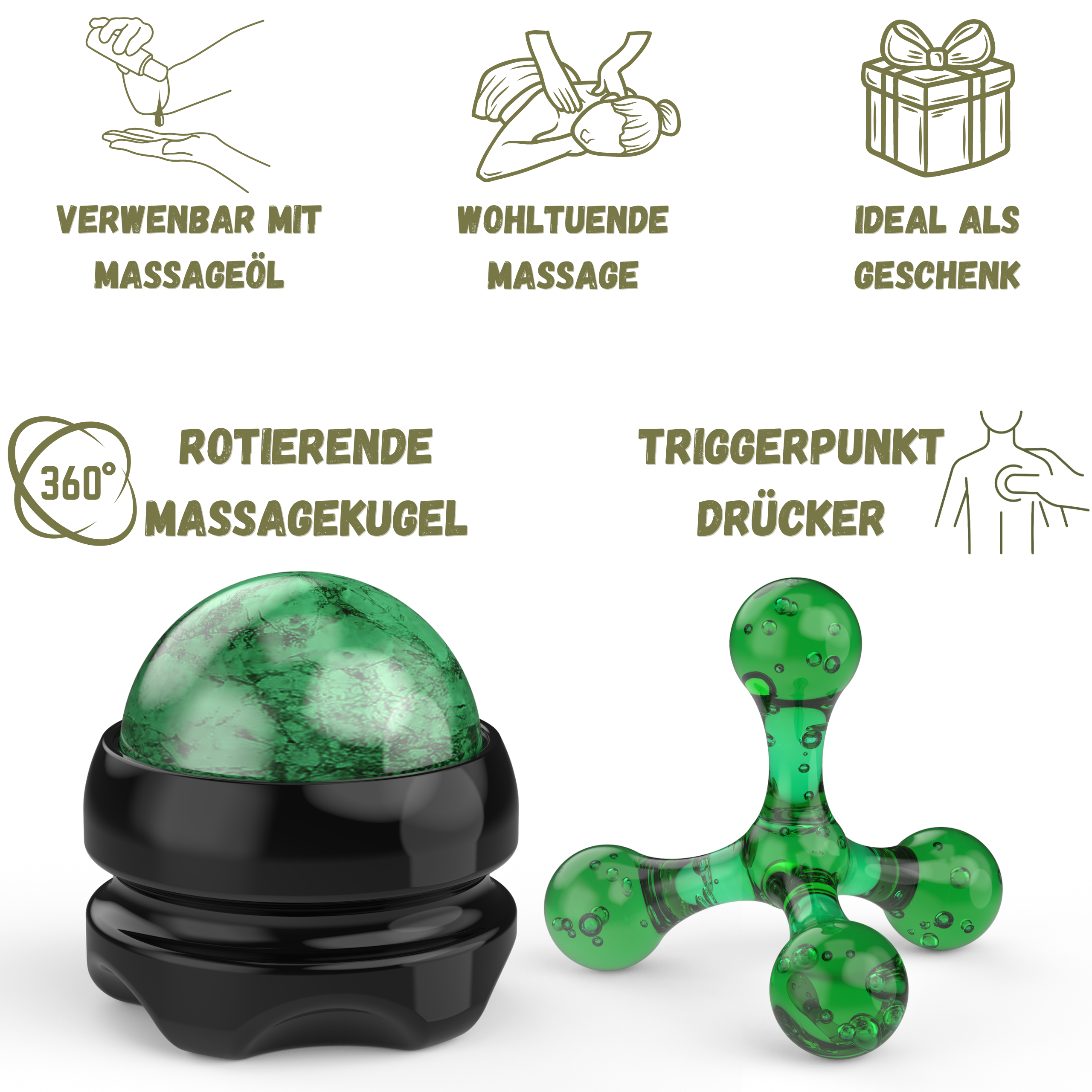 Grüner Massageball und grüner Triggerpunkt Drücker, ideal für wohltuende Massage, Verwendung mit Massageöl, perfekt als Geschenk.